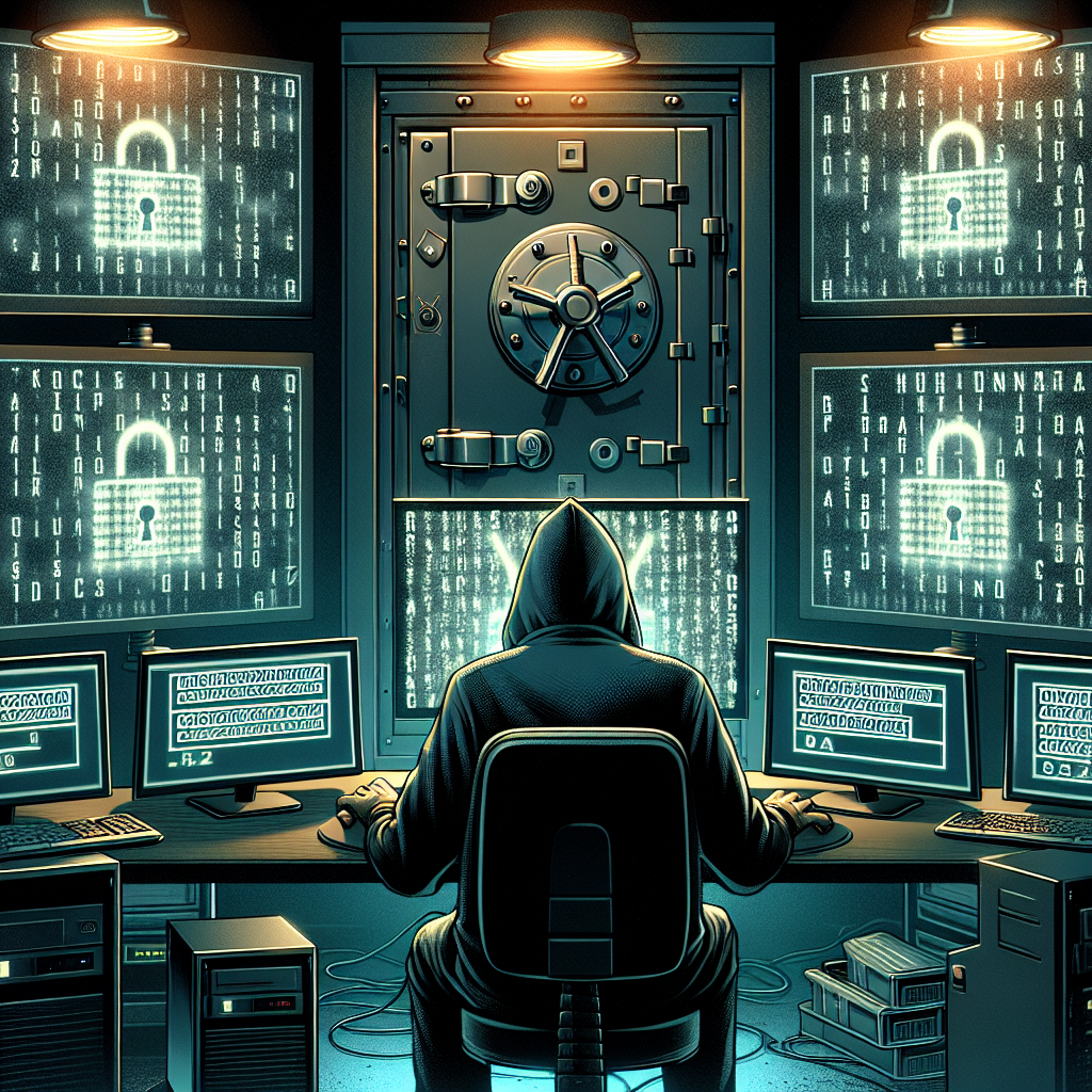 "Illustration depicting a hacker using a brute force attack to compromise encrypted files, showcasing binary code and a lock symbol to represent cybersecurity vulnerabilities."